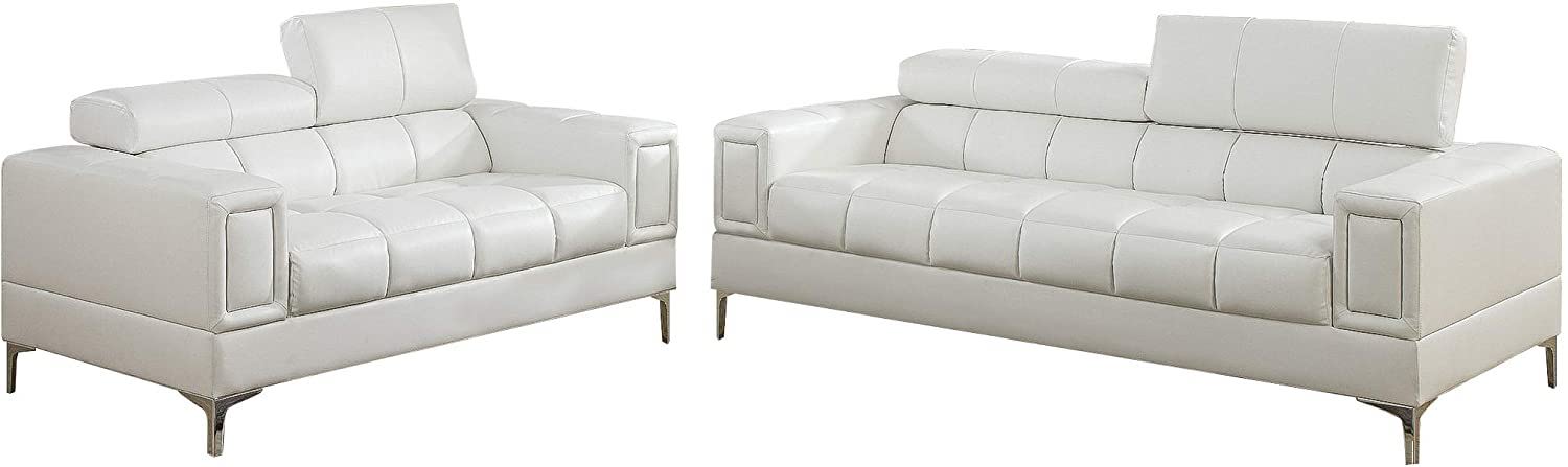 White Faux Leather Living Room 2 Pieces Sofa Set Sofa And Loveseat Furniture Couch Unique Design Metal Legs Adjustable Headrest