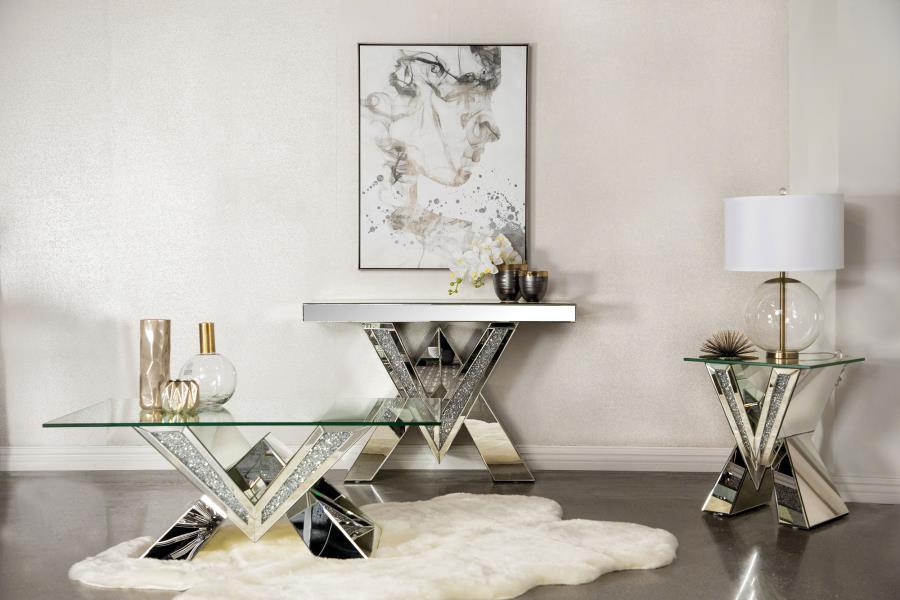 Taffeta - V-Shaped End Table With Glass Top - Silver Unique Piece Furniture