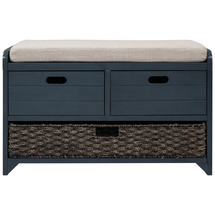 Trexm Storage Bench With Removable Basket And 2 Drawers, Fully Assembled Shoe Bench With Removable Cushion (Navy)