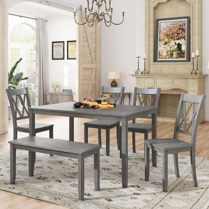 Topmax 6 Piece Wooden Kitchen Table Set, Farmhouse Rustic Dining Table Set With Cross Back 4 Chairs And Bench, Antique Graywash