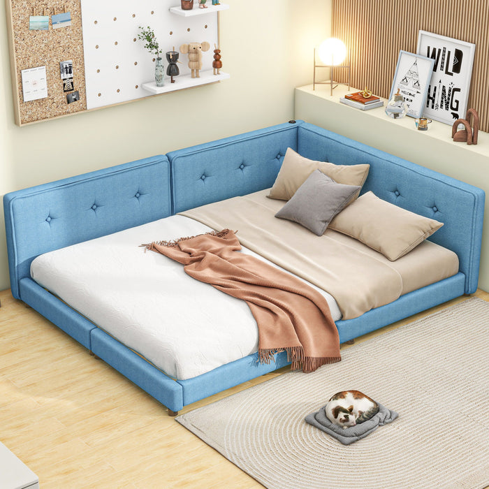 Upholstered Full Size Platform Bed With USB Ports, Blue