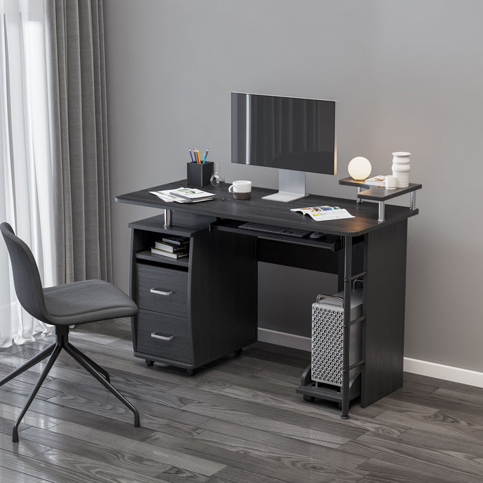 D & N Solid Wood Computer Desk, Office Table With Pc Droller, Storage Shelves And File Cabinet, Two Drawers, CPU Tray, A Shelf Used For Planting, Single - Black. 47.24''L 21.65''W 34.35''H