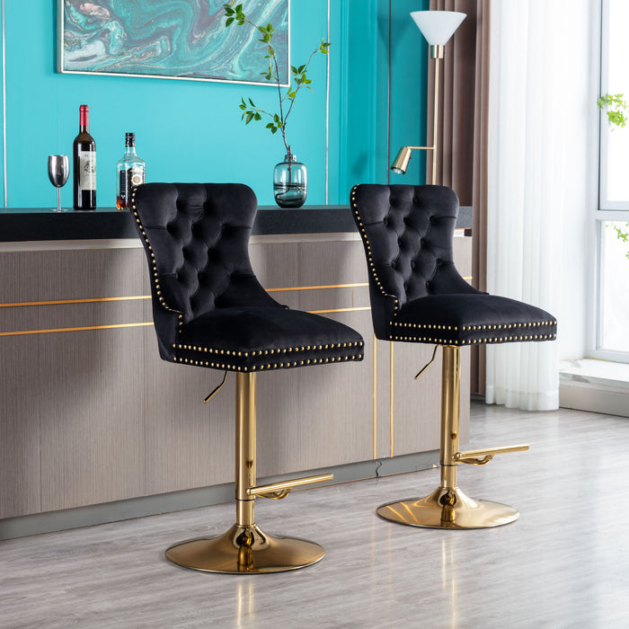 Swivel Bar Stools Chair (Set of 2) Modern Adjustable Counter Height Bar Stools, Velvet Upholstered Stool With Tufted High Back & Ring Pull For Kitchen, Chrome Golden Base, Black