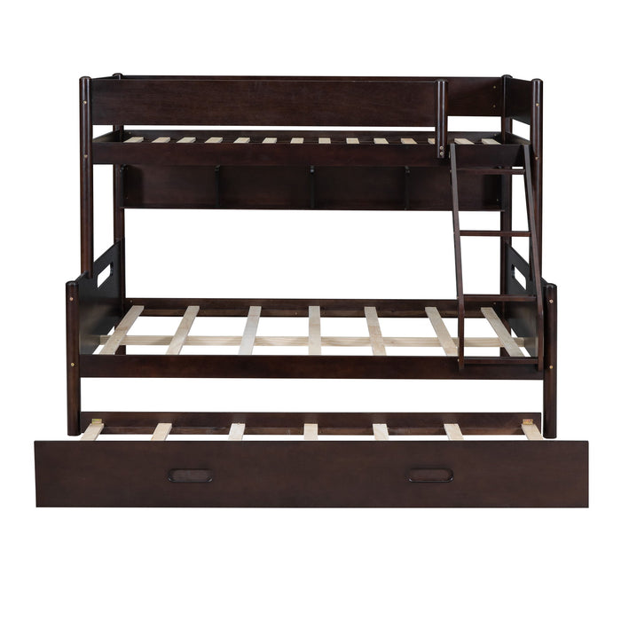 Wood Twin Over Full Bunk Bed With Storage Shelves And Twin Size Trundle, Espresso