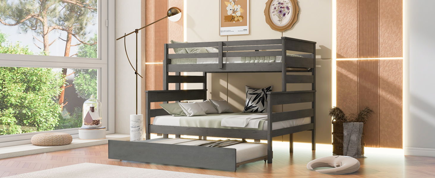 Wood Twin Over Full Bunk Bed With Twin Size Trundle, Gray