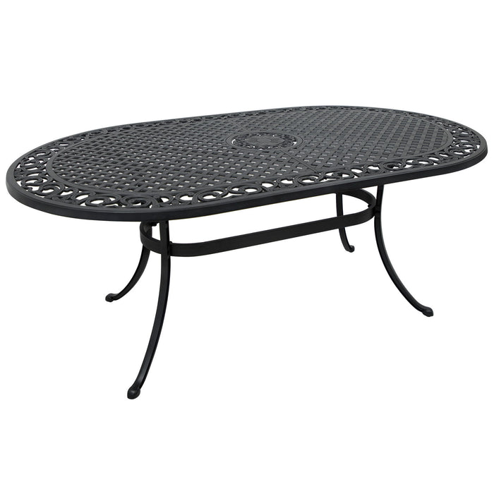 72" Oval Cast Aluminum Patio Table With Umbrella Hole, Round Patio Bistro Table For Garden, Patio, Yard, Black With Antique Bronze At The Edge