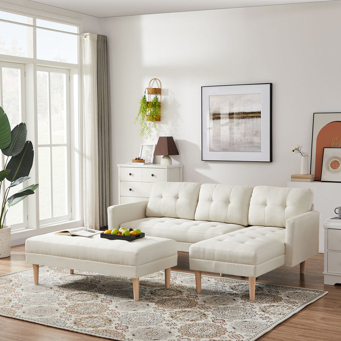 Beige Sectional Sofa Bed, L-Shape Sofa Chaise Lounge With Ottoman Bench