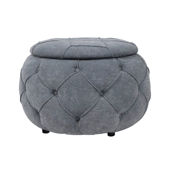 Large Button Tufted Woven Round Storage Ottoman For Living Room & Bedroom - Grey