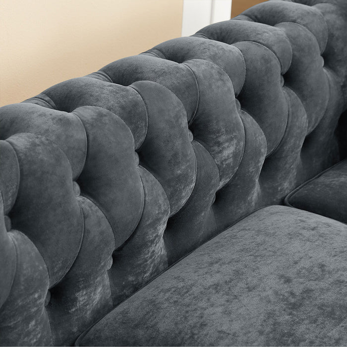 Mh 80" Deep Button Tufted Upholstered Roll Arm Luxury Classic Chesterfield L-Shaped Sofa 3 Pillows Included, Solid Wood Gourd Legs - Gray Velvet