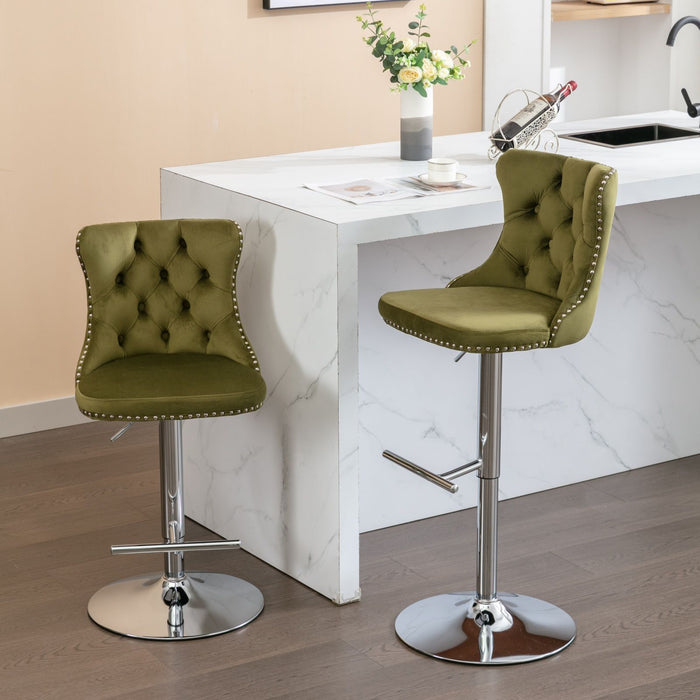 Swivel Velvet Barstools Adjusatble Seat Height From 25-33", Modern Upholstered Chrome Base Bar Stools With Backs Comfortable Tufted For Home Pub And Kitchen Island, Olive-Green, (Set of 2)