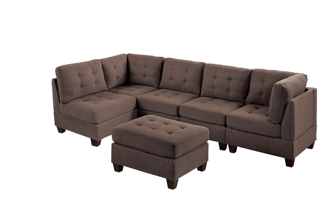 Contemporary Modular Sectional 6 Piece Set Living Room Furniture Corner Sectional Black Coffee Linen Like Fabric Tufted Nail Heads 2 Corner Wedge 2 Armless Chair And 1 Ottoman