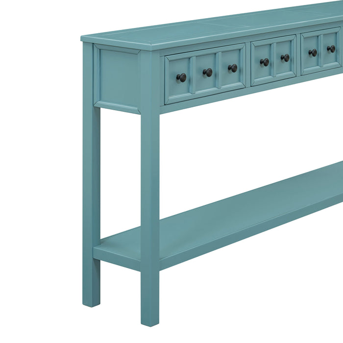 Trexm Rustic Entryway Console Table, Long Sofa Table With Two Different Size Drawers And Bottom Shelf For Storage (Turquoise Green)