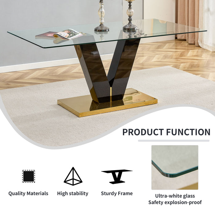 Large Modern Minimalist Rectangular Glass Dining Table For 6-8 With 0.39" Tempered Glass Tabletop And Mdf Slab V-Shaped Bracket And Metal Base, For Kitchen Dining Living Meeting Room Banquet Hall