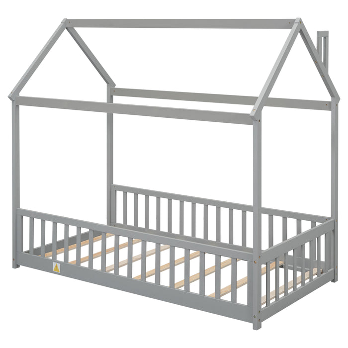 Twin House Bed With Guardrails, Slats, Grey