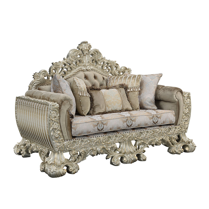 Acme Sorina Loveseat With 5 Pillows Velvet, Fabric & Antique Gold Finish