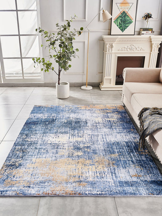 Zara Collection - Abstract Design Blue Gold Machine Washable Super Soft Area Rug