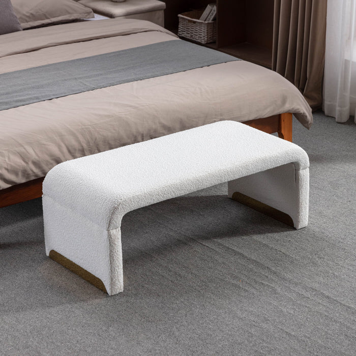 New Boucle Fabric Loveseat Ottoman Footstool Bedroom Bench Shoe Bench With Gold Metal Legs, Ivory White