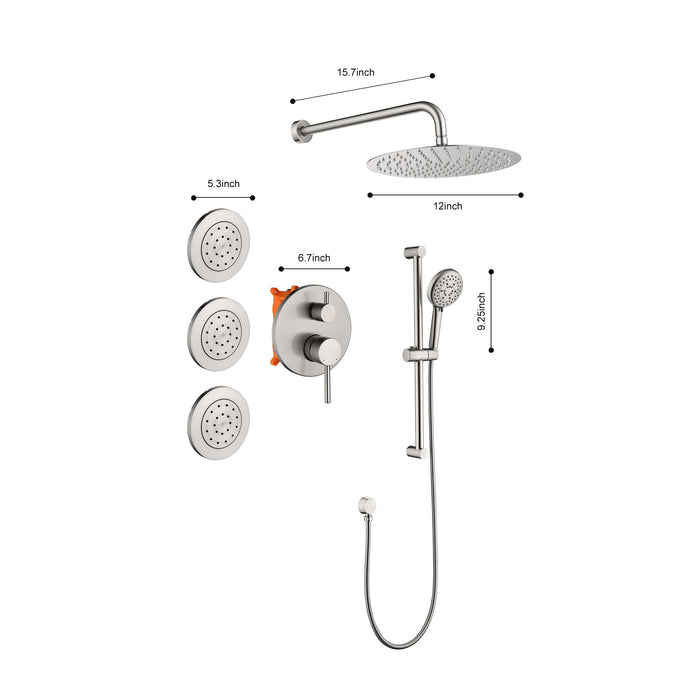 Shower System With Shower Head, Hand Shower, Slide Bar, Bodysprays, Shower Arm, Hose, Valve Trim, And Lever Handles, Brushed Nickel