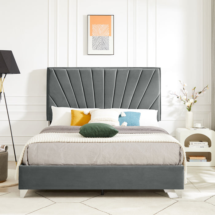 B108 Full Bed Beautiful Line Stripe Cushion Headboard, Strong Wooden Slats And Metal Support Feet - Gray Flannelette