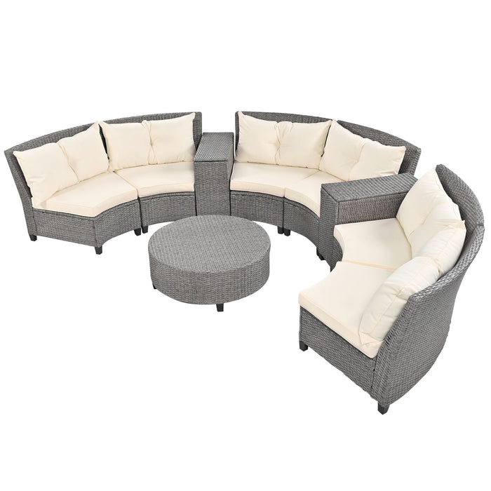 U_Style 6 - Person Fan-Shaped Rattan Suit Combination With Cushions And Table, Suitable For Garden