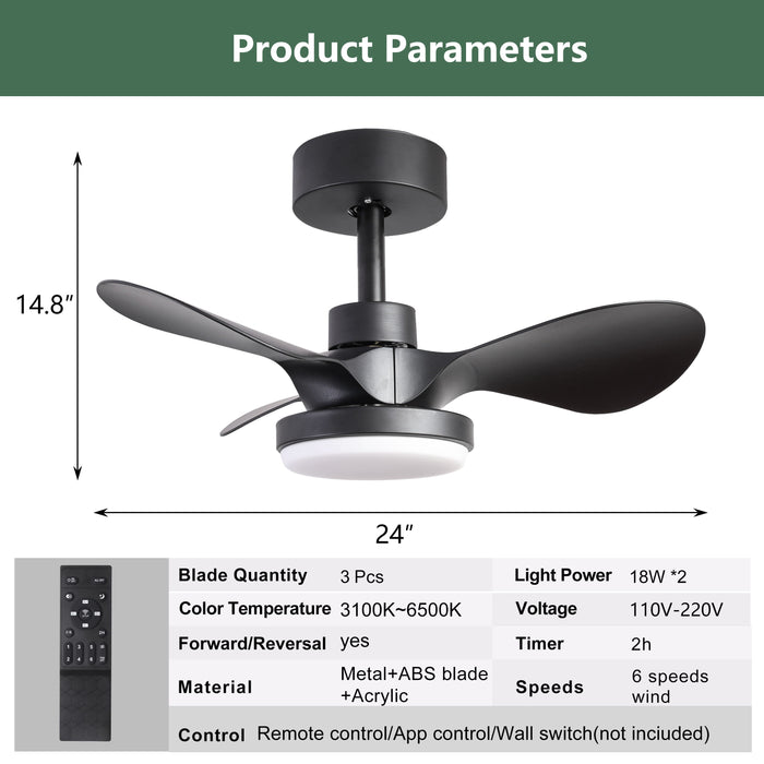 24" Ceiling Fan With Light Flush Mount, 18W Dimmable Small Low Profile Modern 6 - Speeds Quiet Reversible Timer With 3 Blades Remote Ceiling Fan For Bedroom, Kitchen