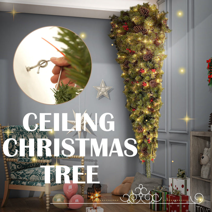 6Ft Upside Down Hanging Quarter Tree, Christmas Tree Hanging From The Ceiling, Xmas Tree With 300 Led Warm White Lights, 600 Lush Branch Tips