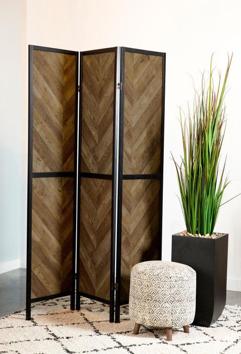 Marlene - Herringbone Pattern 3-Panel Screen - Rustic Tobacco And Black Unique Piece Furniture