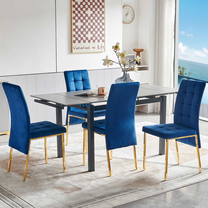 5 Piece Slate Dining Table Dining Set Including Velvet High Back Golden Color Legs For Living Room, Dining Room, Kitchen - Grey / Blue