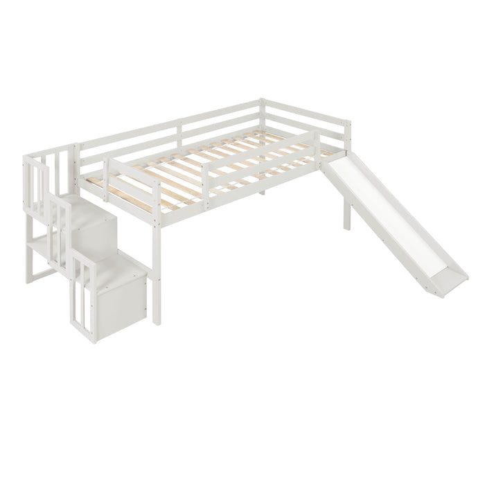Twin Size Loft Bed With Staircase, Storage, Slide - White
