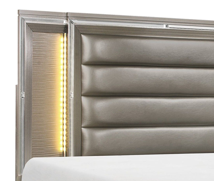 Modern Bedroom Furniture 1 Piece Queen Platform Bed Footboard Storage Upholstered LED Headboard Silver - Gray Metallic Finish