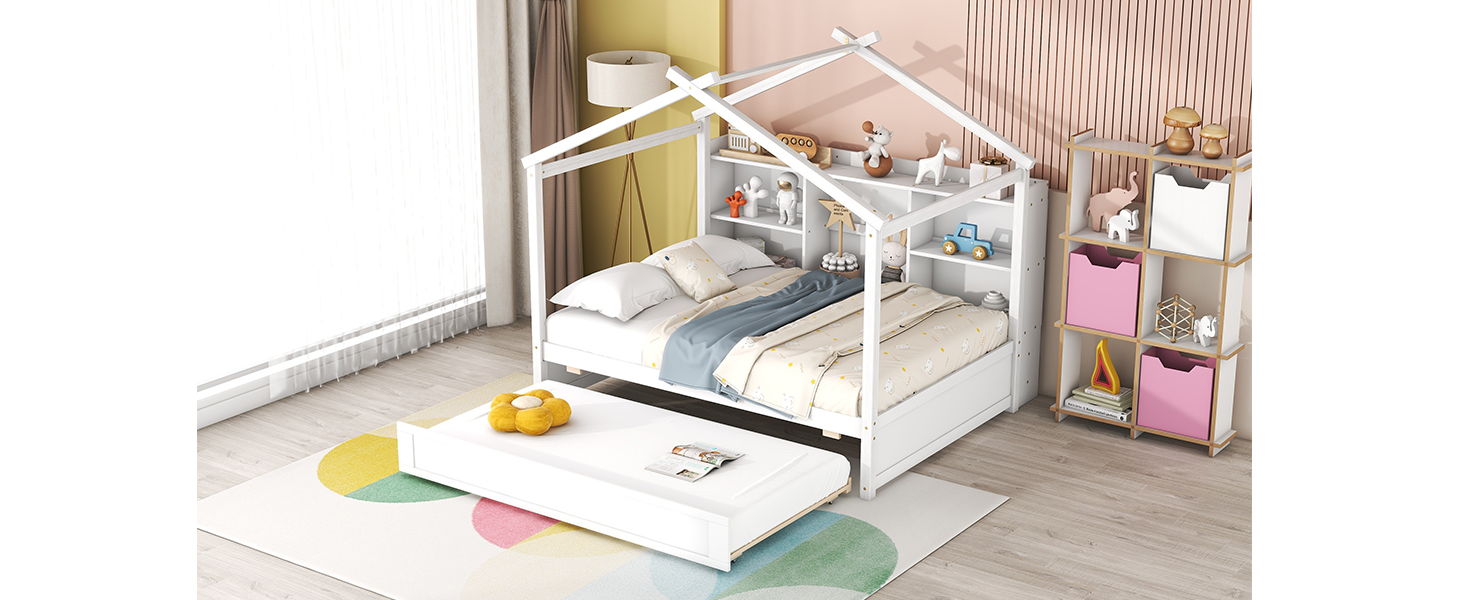 Full Size House Bed With Storage Shelves And Twin Size Trundle, Brushed White