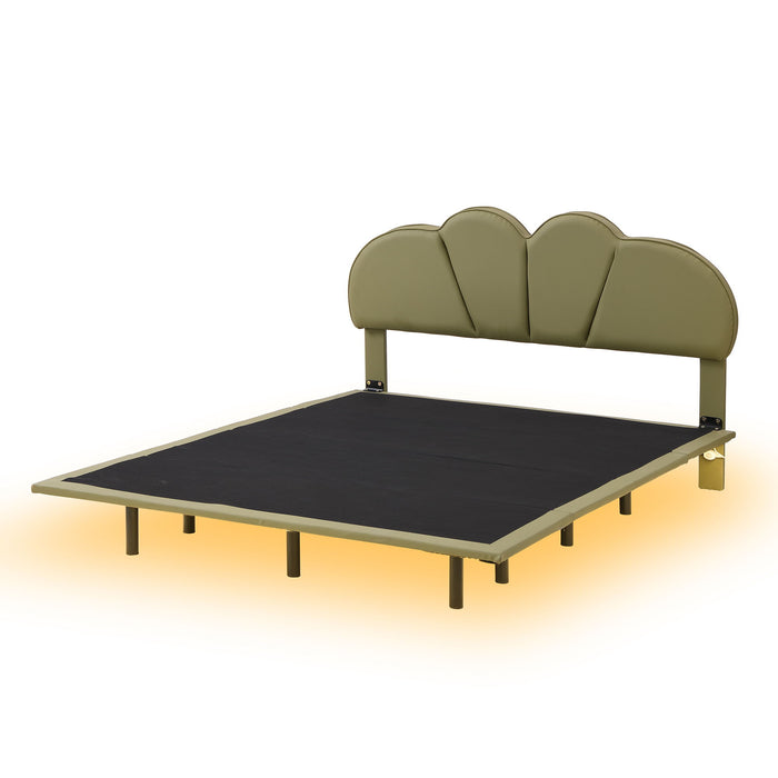 Queen Size Upholstery Platform Bed With PU Leather Headboard And Support Legs, Underbed LED Light, Green
