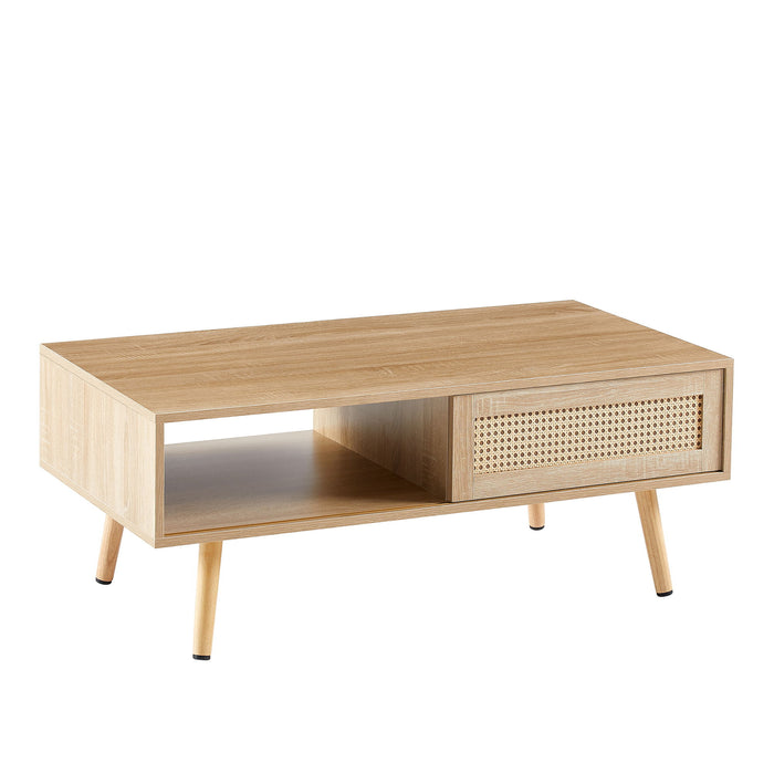 Rattan Coffee Table, Sliding Door For Storage, Solid Wood Legs, Modern Table For Living Room Пјњnatural