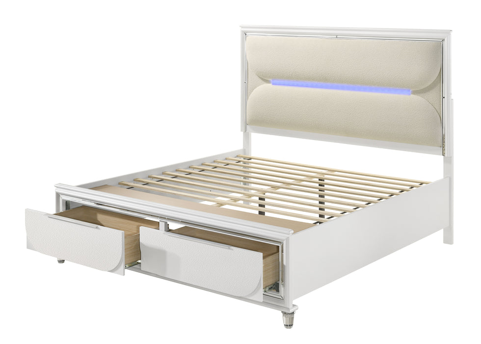Acme Tarian Queen Bed With Storage & Led, White Boucle & Pearl White Finish