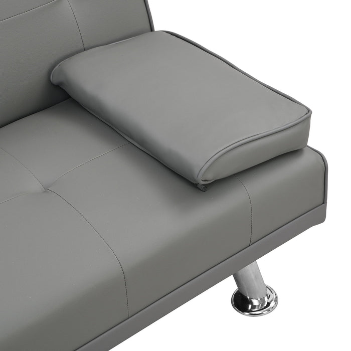 Sofa Bed With Armrest Two Holders Wood Frame, Stainless Leg, Futon Grey Pvc