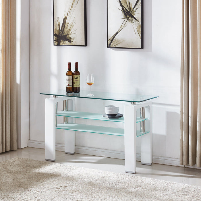 Tempered Glass Top Rectangular Double - Layer Console Table With MDF Legs - White
