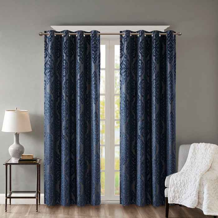 Knitted Jacquard Damask Total Blackout Grommet Top Curtain Panel In Navy