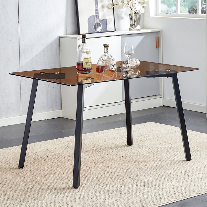 Modern Minimalist Style Rectangular Tea Brown Glass Dining Table, Tempered Glass Tabletop And Black Metal Legs, Suitable For Kitchen, Dining Room, And Living Room