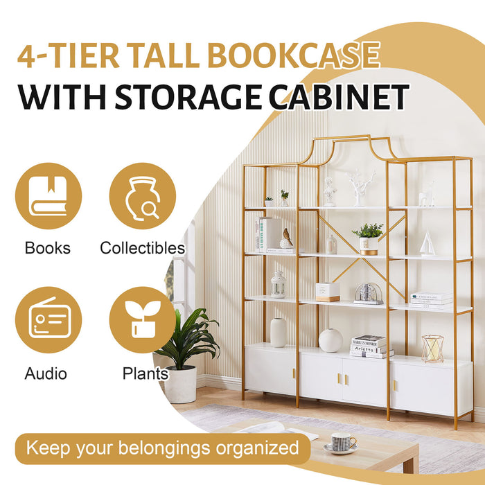 78 Inch 4 Tiers Home Office Bookcase Bookshelf, Storage Cabinet Display Shelf, X Bar Gold Frame
