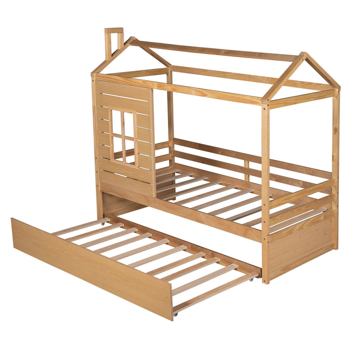 Twin Size House Bed Wood Bed With Twin Size Trundle (Natural)