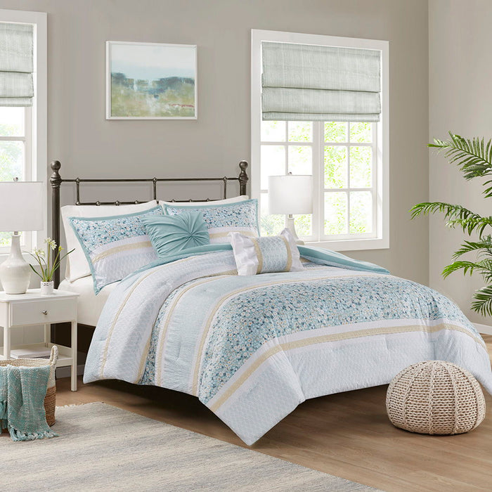 5 Piece Seersucker Comforter Set With Throw Pillows, Aqua