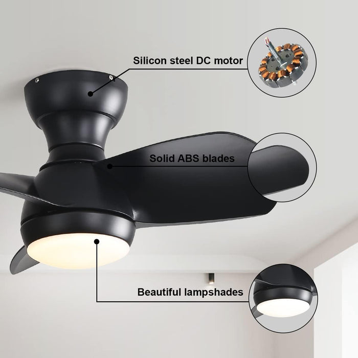 Bedroom Ceiling Fan With 3 Color Dimmable 3 Blades Remote Control Dc Motor Black With 18W LED Light