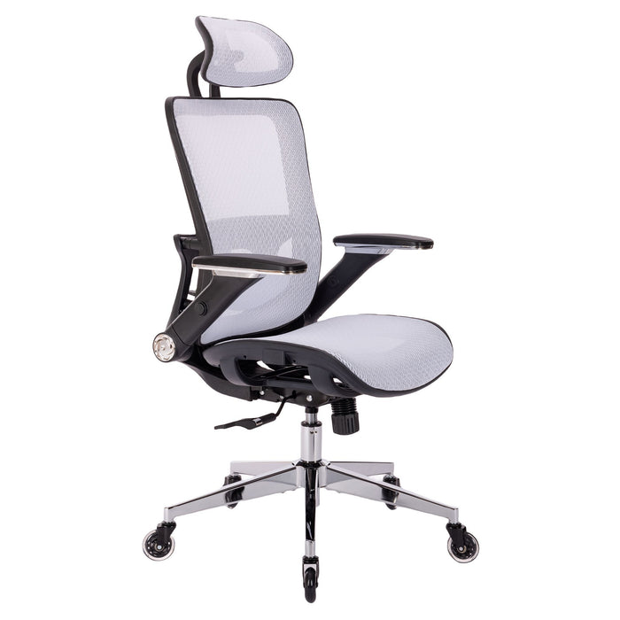 White Ergonomic Mes Height Office Chair, High Back - Adjustable Headrest With Flip-Up Arms, Tilt And Lock Function, Lumbar Support And Blade Wheels, Kd Chrome Metal Legs
