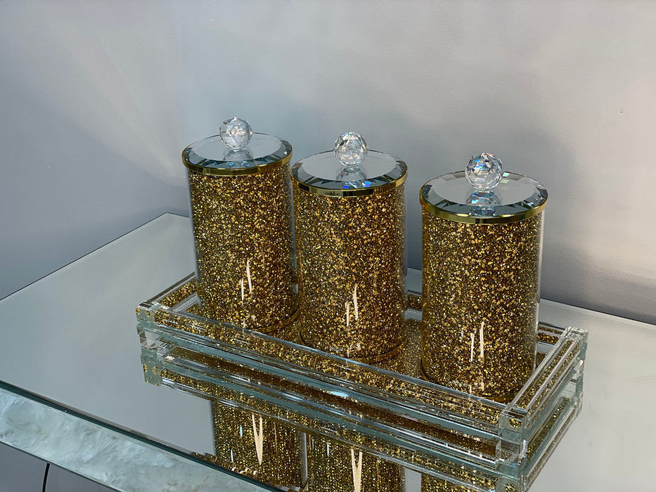 Ambrose Exquisite Three Glass Canister With Tray In Gift Box In Gold