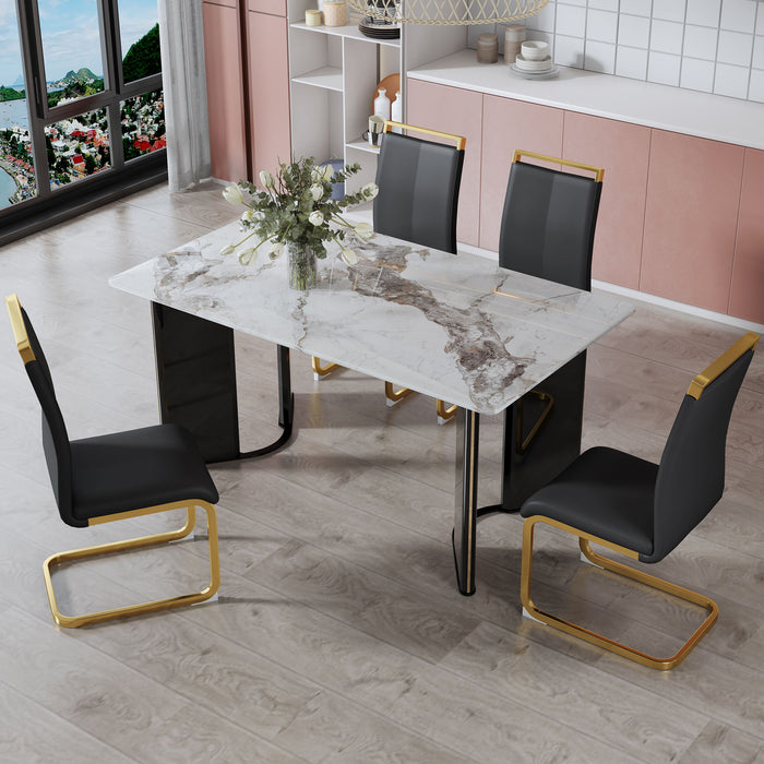 Table And Chair Set 1 Table And 4 Black PU Cushioned Golden Color Leg Chairs White Imitation Marble Tabletop, MDF Table Legs With Gold Metal Decorative Strips Paired With 4 PU Chairs