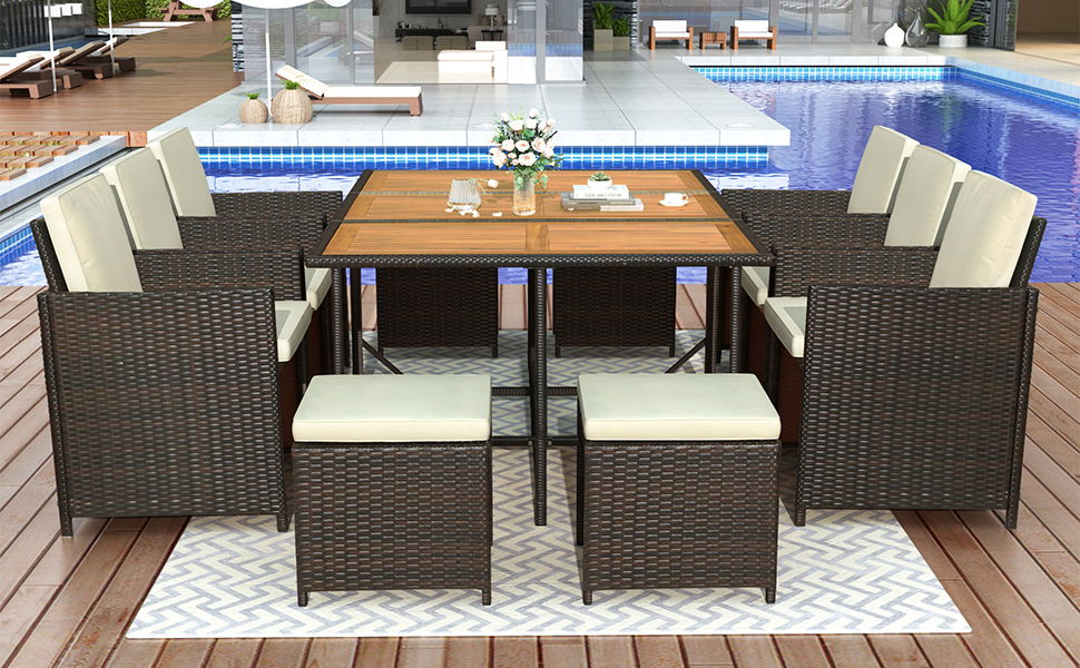 Top max 11 Piece Patio All-Weather Pe Wicker Dining Table Set With Wood TableTop For 10, Brown Rattan / Beige Cushion