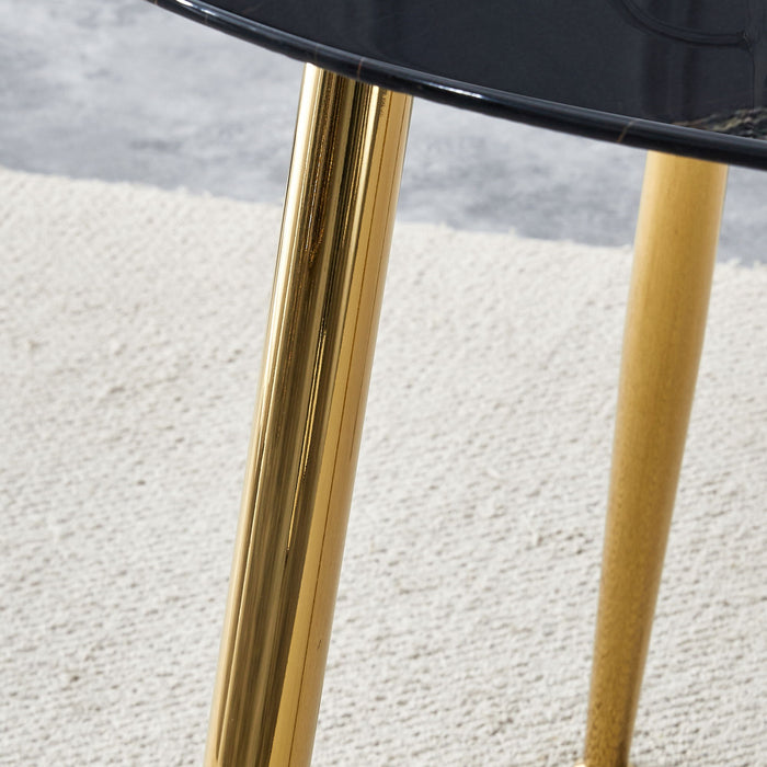 A Modern Minimalist Circular Dining Table With A Diameter Of 40 Inches, A 0.3 Inch Thick Black Marble Patterned Glass TableTop And Gold-Plated Metal Legs