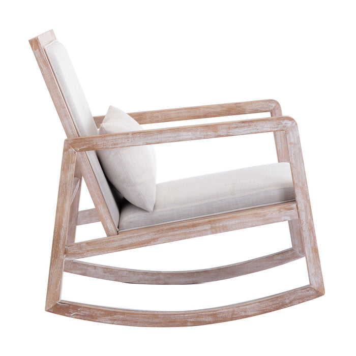 Solid Wood Linen Fabric Antique White Wash Painting Rocking Chair With Removable LumBar Pillow - Beige