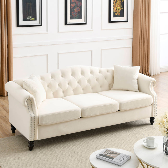 Chesterfield Sofa Beige Velvet For Living Room, 3 Seater Sofa Tufted Couch With Rolled Arms And Nailhead For Living Room, Bedroom, Office, Apartment, Two Pillows