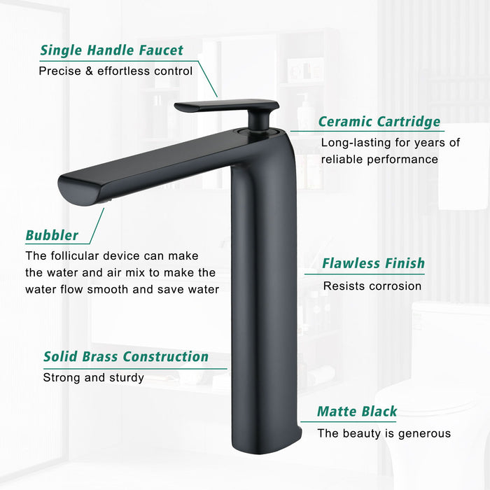 Single Hole Single-Handle High - Arc Modern Bathroom Faucet In Matte Black